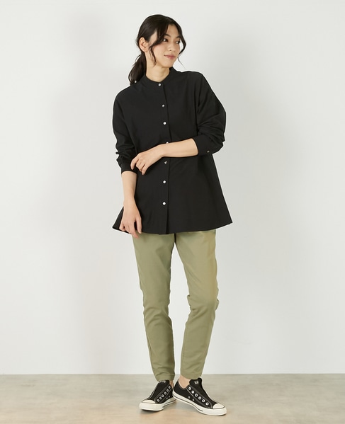 【バンドカラー切替フレアシャツチュニック】 詳細画像 ブラック 2