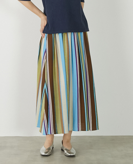 【マルチストライプギャザーフレアスカート】