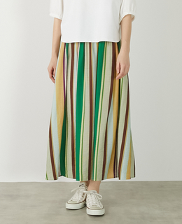 【マルチストライプギャザーフレアスカート】