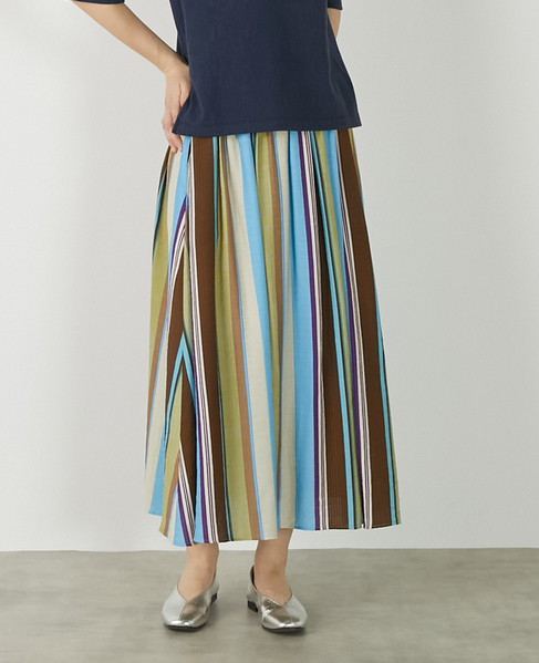 【マルチストライプギャザーフレアスカート】