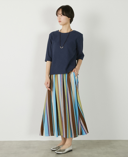 【マルチストライプギャザーフレアスカート】 詳細画像 ブルー 4