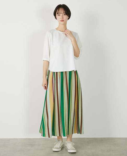 【マルチストライプギャザーフレアスカート】 詳細画像 グリーン 10