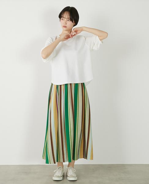 【マルチストライプギャザーフレアスカート】 詳細画像 グリーン 11