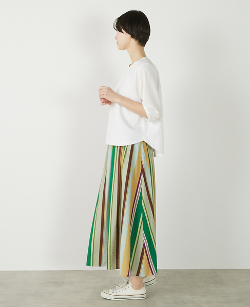 【マルチストライプギャザーフレアスカート】 詳細画像 グリーン 4