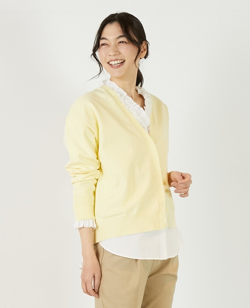 【超軽量天竺前立て2重デザインVカーディガン】 詳細画像 ライトイエロー 1