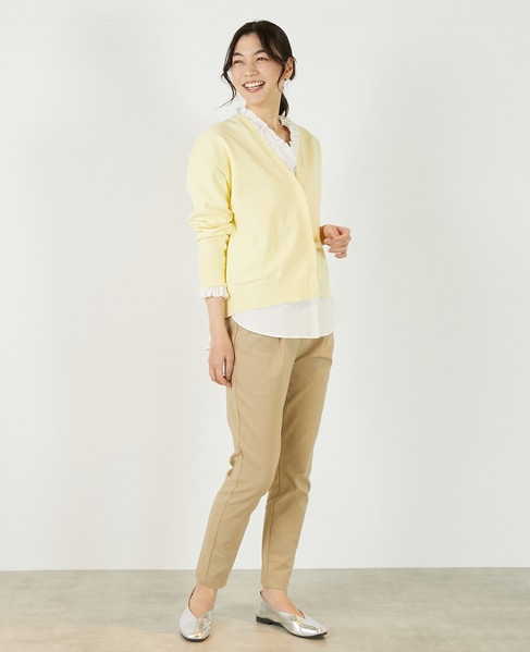 【超軽量天竺前立て2重デザインVカーディガン】 詳細画像 ライトイエロー 2