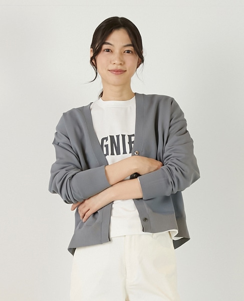 【超軽量天竺前立て2重デザインVカーディガン】 詳細画像 グレー 1