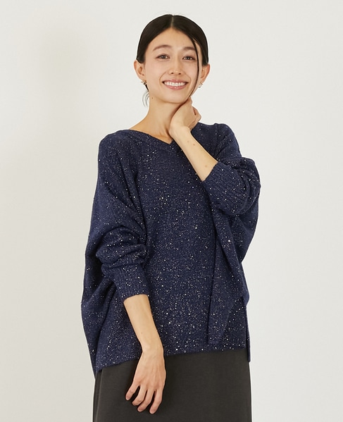 【スパンコールミックスVネックドルマンニット】 詳細画像 ネイビー 1