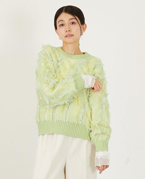 【フリンジジャガードクルーネックプルオーバー】 詳細画像 グリーン系その他 1