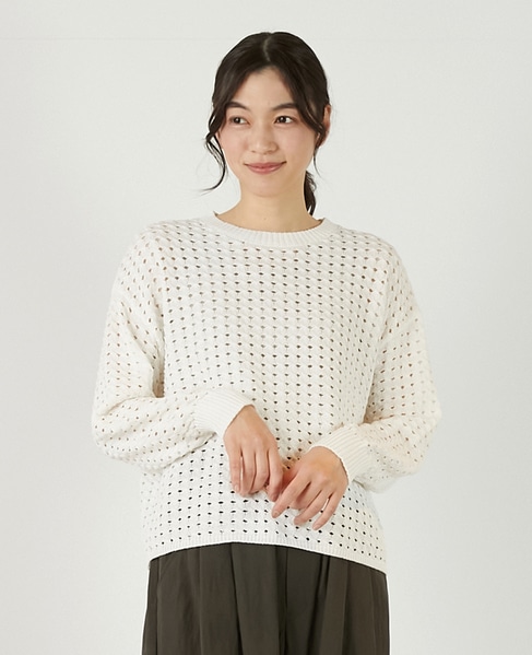 【微光沢のリリヤーンケーブル透かし柄ニット】 詳細画像 ホワイト 1