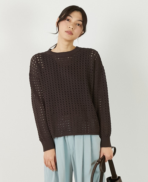 【微光沢のリリヤーンケーブル透かし柄ニット】 詳細画像 ブラウン 1