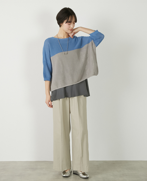 【バイカラーワイドシルエットニットプルオーバー】 詳細画像 ブルー 12