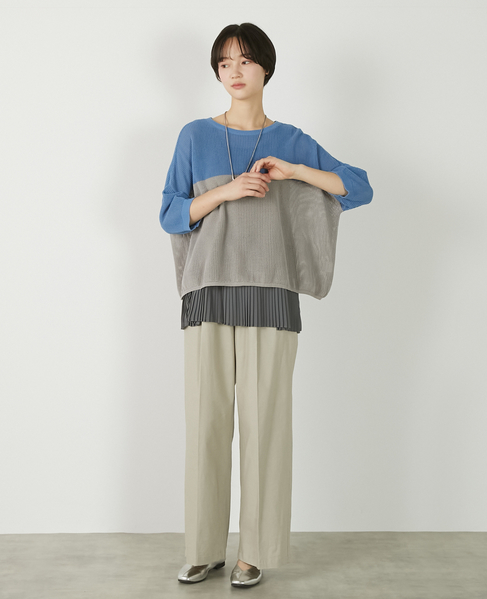 【バイカラーワイドシルエットニットプルオーバー】 詳細画像 ブルー 2