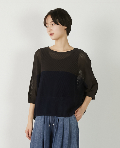 【バイカラーワイドシルエットニットプルオーバー】 詳細画像 ダークブラウン 1