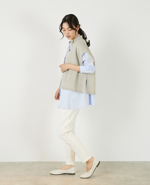 【麻タッチ片畦ハイネックジップアップベスト】 詳細画像 グレイッシュベージュ 4