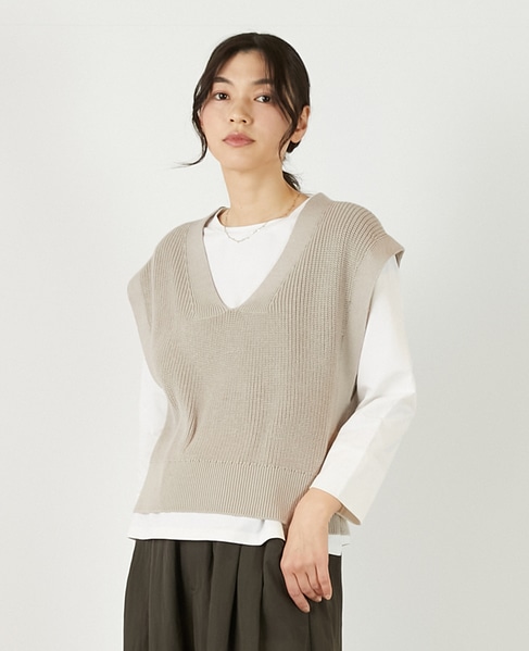 【コットンミックスの片畦Vネックベスト】 詳細画像 ベージュ 1
