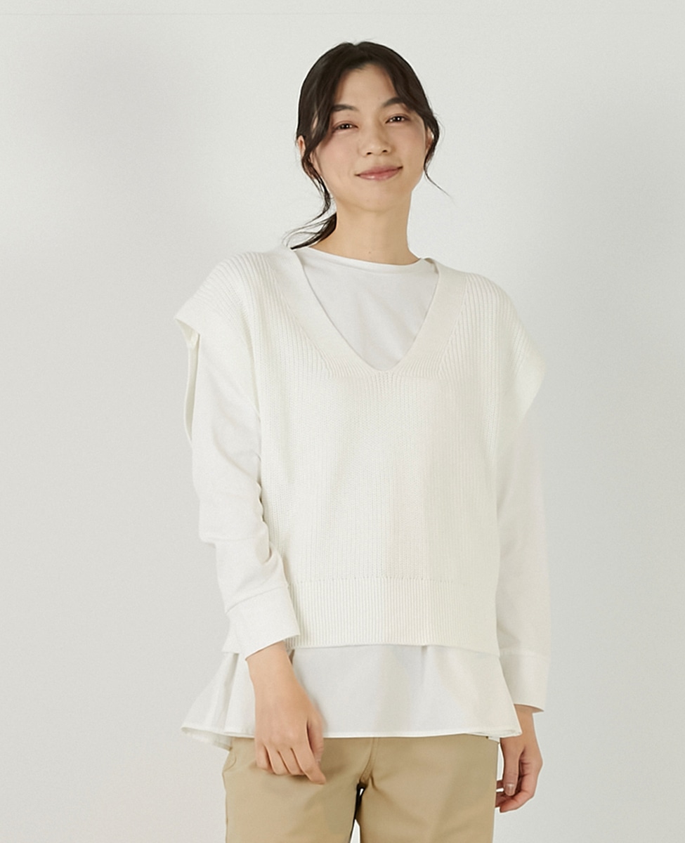 コットンミックスの片畦Vネックベスト】｜MELROSE CLAIRE（メルローズ
