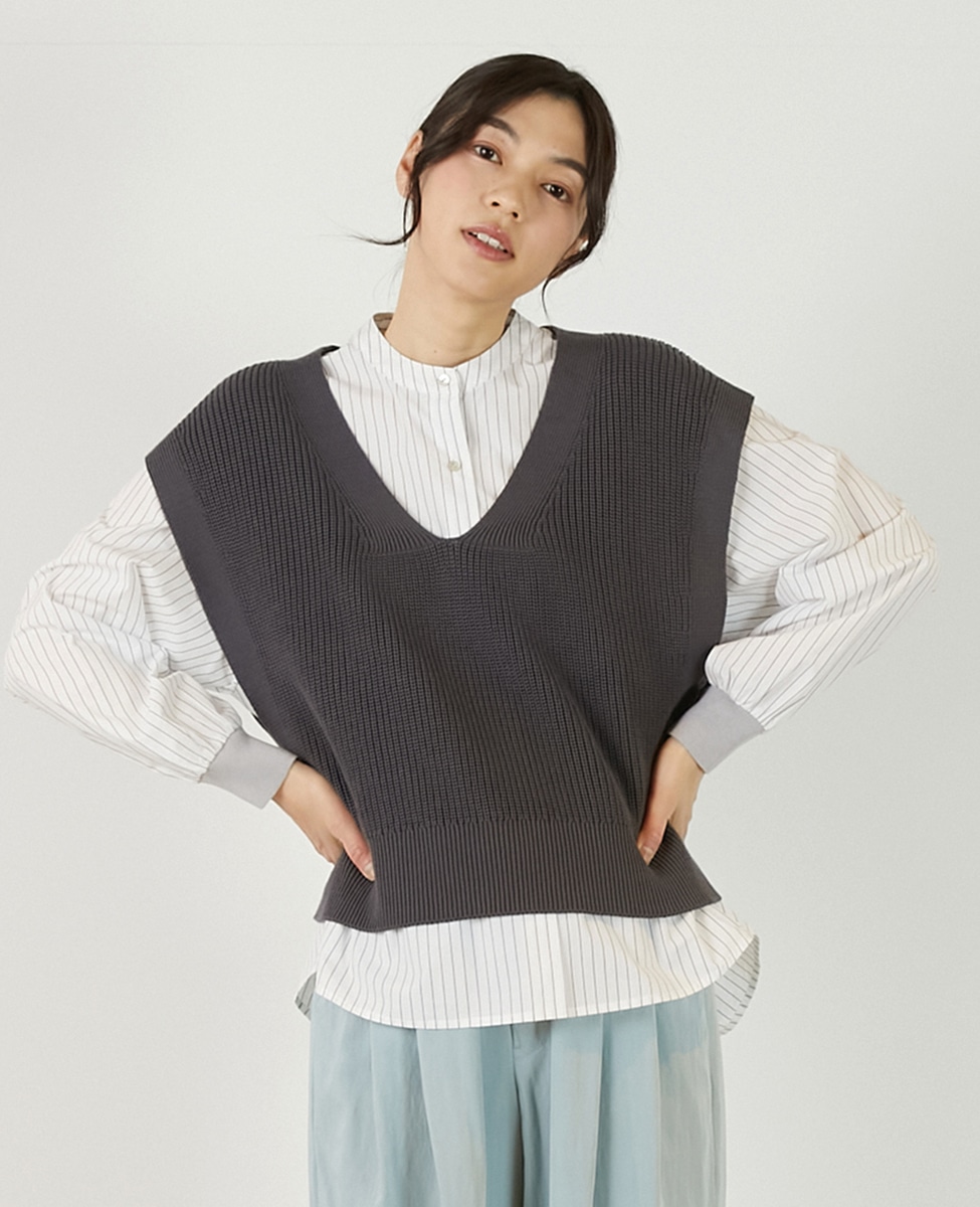 コットンミックスの片畦Vネックベスト】｜MELROSE CLAIRE（メルローズ