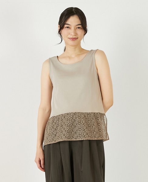 【コットンフライス＋リーフレースタンクトップ】 詳細画像 ベージュ 1