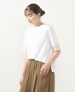 【袖口シアーファブリック切り替えTシャツ】
