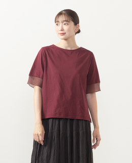 【袖口シアーファブリック切り替えTシャツ】