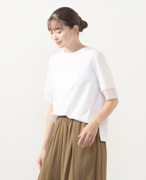 【袖口シアーファブリック切り替えTシャツ】 詳細画像 オフホワイト 1