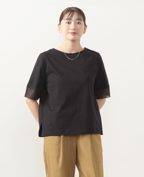 【袖口シアーファブリック切り替えTシャツ】 詳細画像 ブラック 1