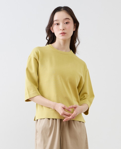 クルーネック5分袖ニットプルオーバー 詳細画像 イエロー 1