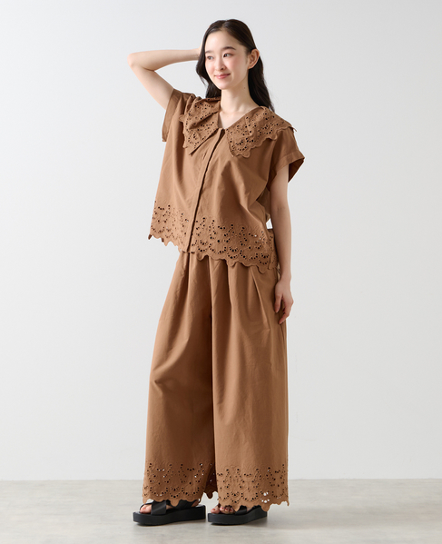 【LOURMARIN】スカラップ刺しゅうワイドキュロットパンツ 詳細画像 モカ 4
