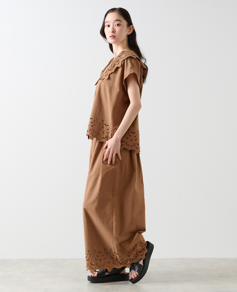 【LOURMARIN】スカラップ刺しゅうワイドキュロットパンツ 詳細画像 モカ 5
