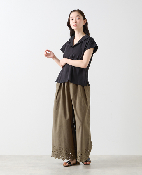 【LOURMARIN】スカラップ刺しゅうワイドキュロットパンツ 詳細画像 カーキ 4