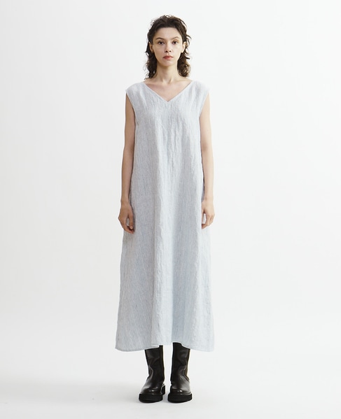 【Archive Dress Collection】リネンコットンストライプVネックワンピース 詳細画像 ブルー×ホワイト 8