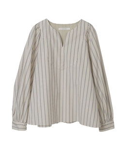 コットンラチネ・タイプライターストライプギャザーブラウス