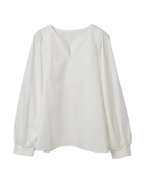 コットンラチネ・タイプライターストライプギャザーブラウス 詳細画像 ホワイト 1