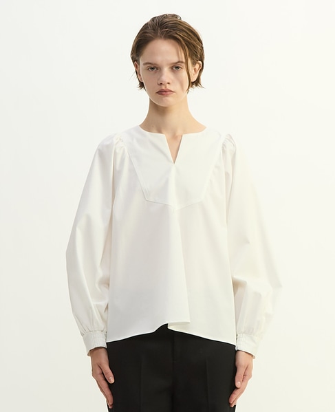 コットンラチネ・タイプライターストライプギャザーブラウス 詳細画像 ホワイト 2