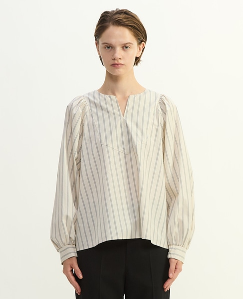 コットンラチネ・タイプライターストライプギャザーブラウス 詳細画像 ベージュ×ブラック 2