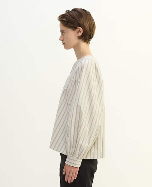 コットンラチネ・タイプライターストライプギャザーブラウス 詳細画像 ベージュ×ブラック 3