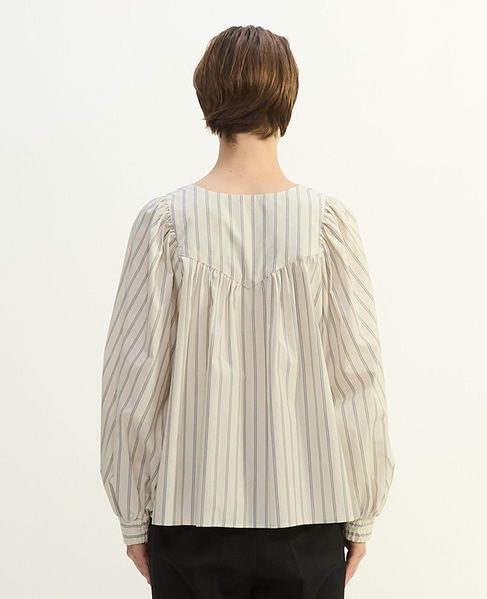 コットンラチネ・タイプライターストライプギャザーブラウス 詳細画像 ベージュ×ブラック 4