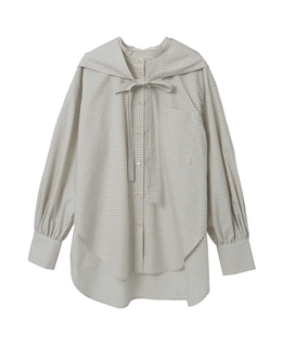 綿シルクビエラ/タイプライターチェックスカーフ付きノーカラーシャツ