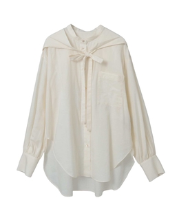 綿シルクビエラ/タイプライターチェックスカーフ付きノーカラーシャツ