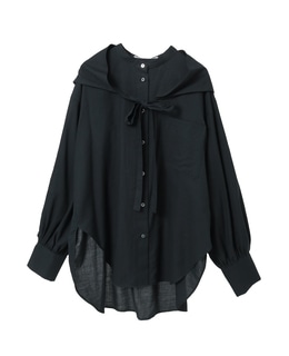 綿シルクビエラ/タイプライターチェックスカーフ付きノーカラーシャツ