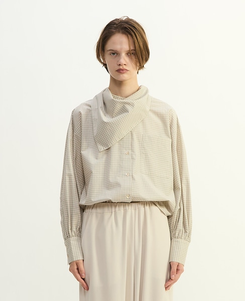 綿シルクビエラ/タイプライターチェックスカーフ付きノーカラーシャツ 詳細画像 アイボリー 10