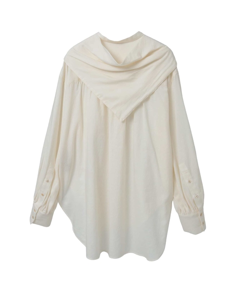 綿シルクビエラ/タイプライターチェックスカーフ付きノーカラーシャツ 詳細画像 アイボリー 2