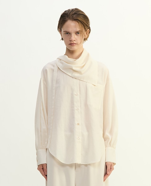 綿シルクビエラ/タイプライターチェックスカーフ付きノーカラーシャツ 詳細画像 キナリ 2