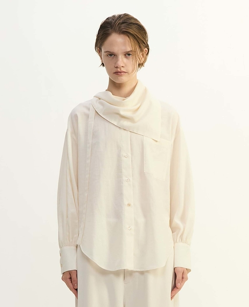 綿シルクビエラ/タイプライターチェックスカーフ付きノーカラーシャツ 詳細画像 キナリ 9