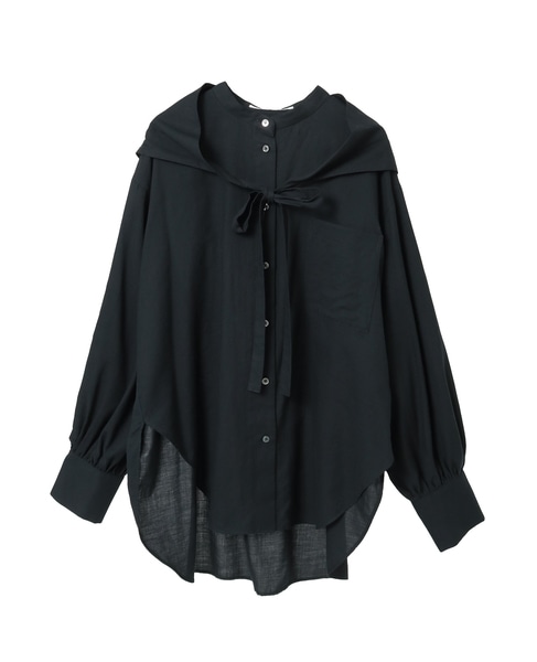 綿シルクビエラ/タイプライターチェックスカーフ付きノーカラーシャツ 詳細画像 ブラック 1