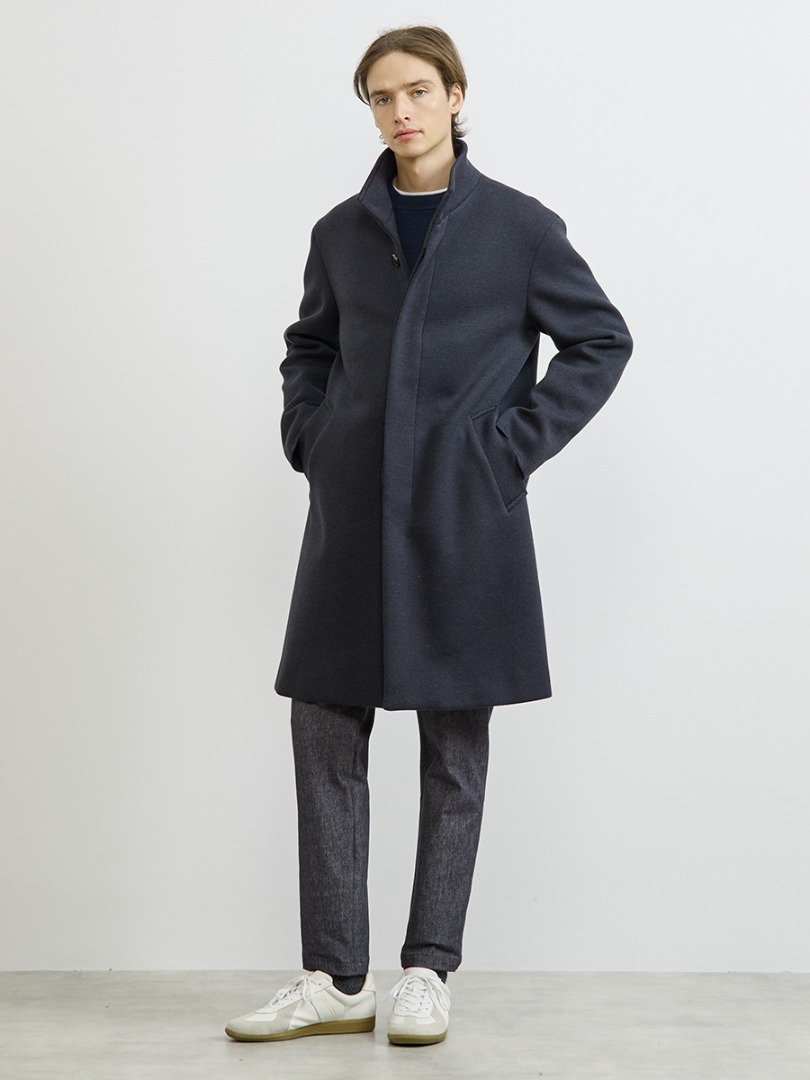 MEN'S MELROSE ライトツィードボンディングスタンドカラーコート (ネイビー) 全身スタイリング