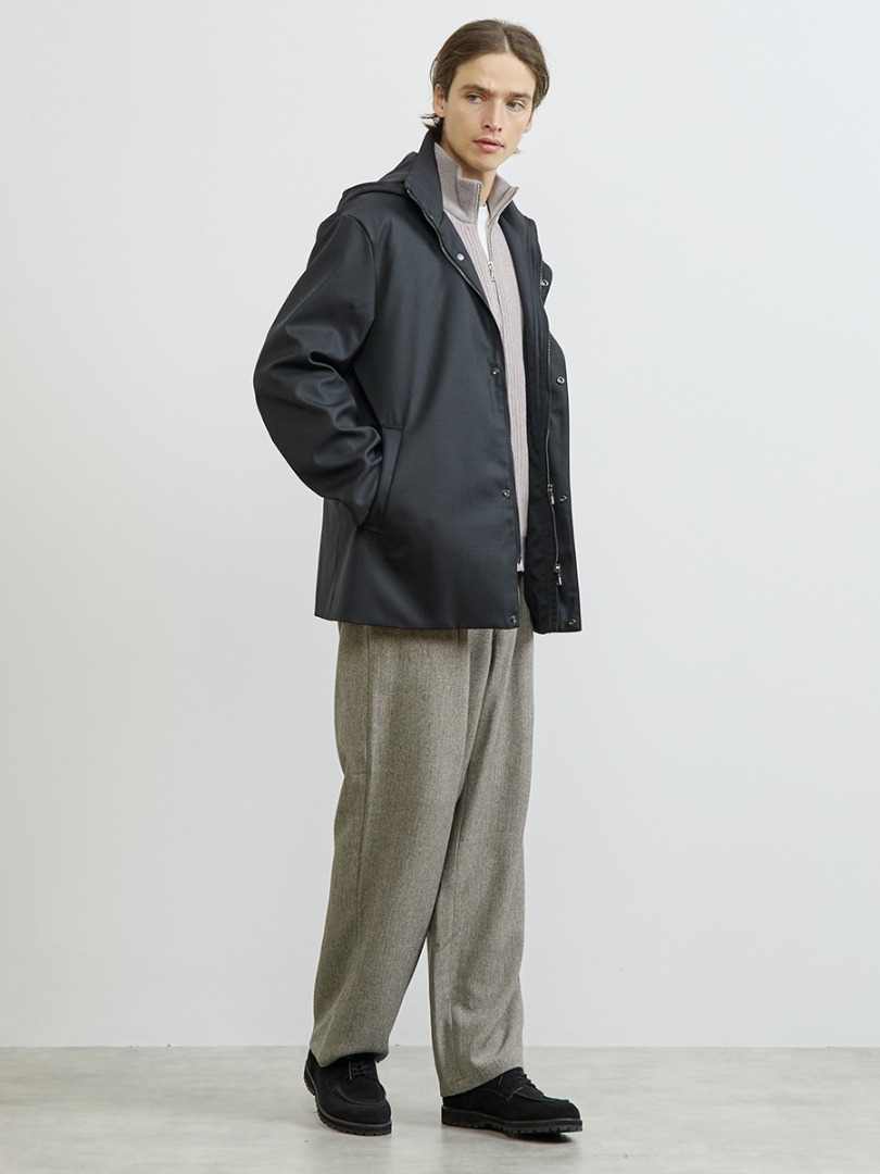 MEN'S MELROSE シャークスキンボンディングフーデットブルゾンフード （ブラック）スタイリング